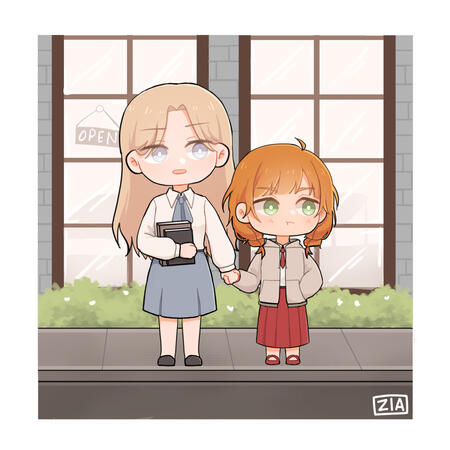 Regina & Maggie; crossing the street